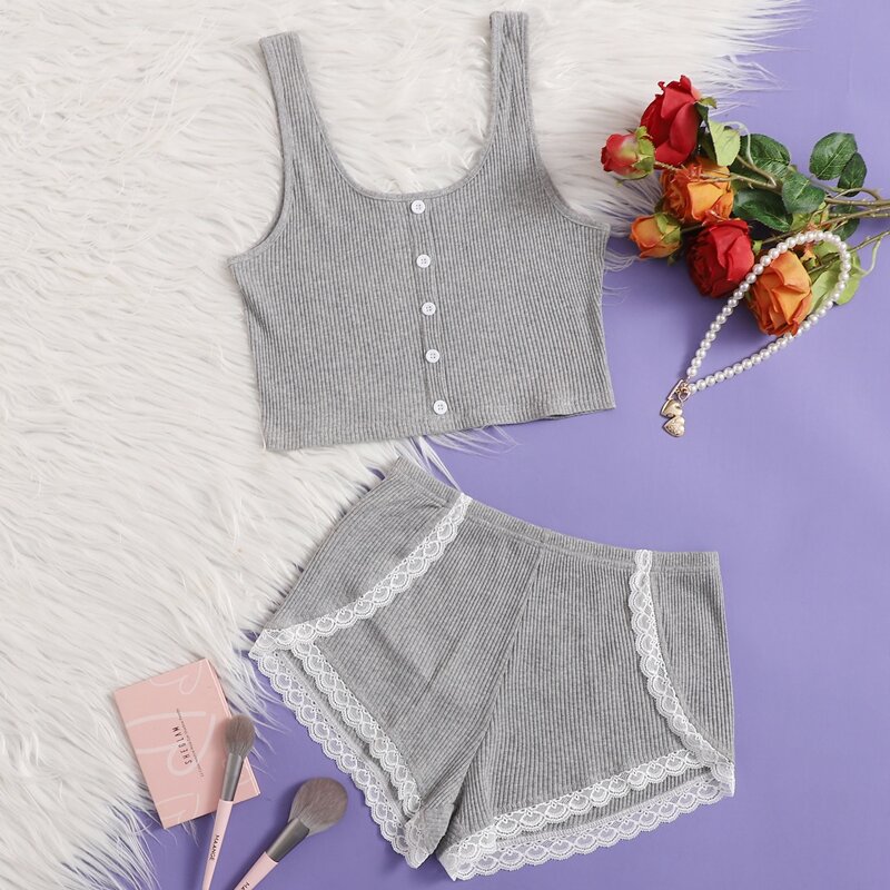 

Lace Trim Button Front PJ Set, Grey
