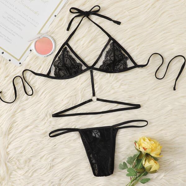 

Ring Linked Floral Lace Lingerie Set, Black