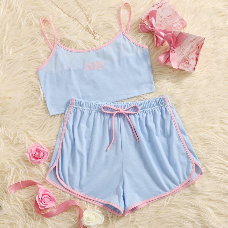 

Letter Graphic Contrast Binding PJ Set, Baby blue