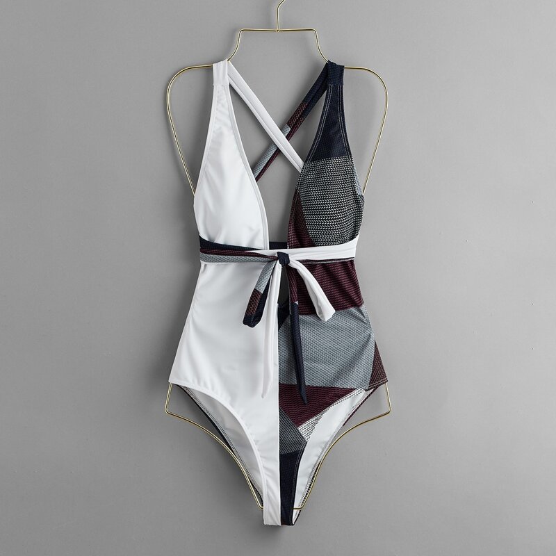 

Colorblock Allover Print Belted One Piece Swimsuit, Multicolor