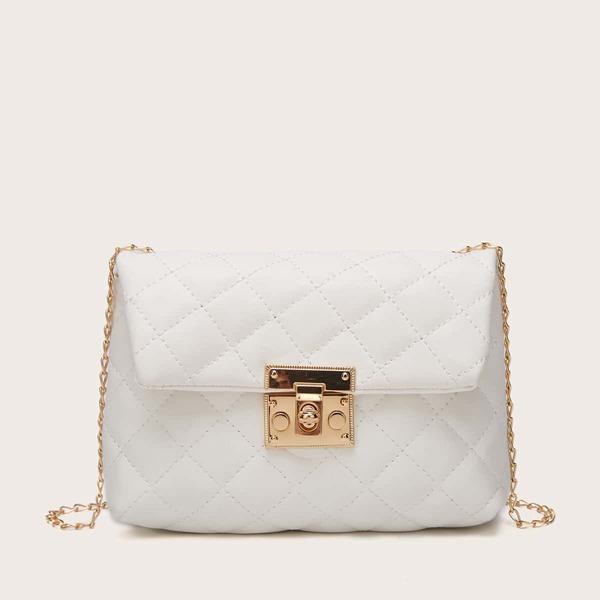 

Metal Lock Quilted Chain Crossbody Bag, White