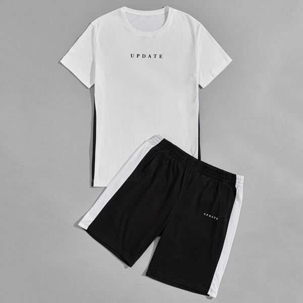 

Men Letter Graphic Tee & Side Striped Shorts, Black and white
