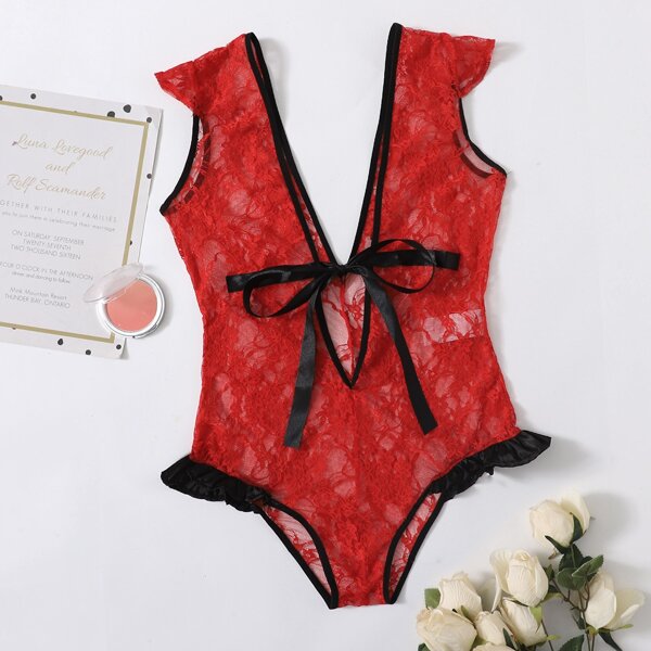 

Floral Lace Frill Trim Teddy Bodysuit, Red