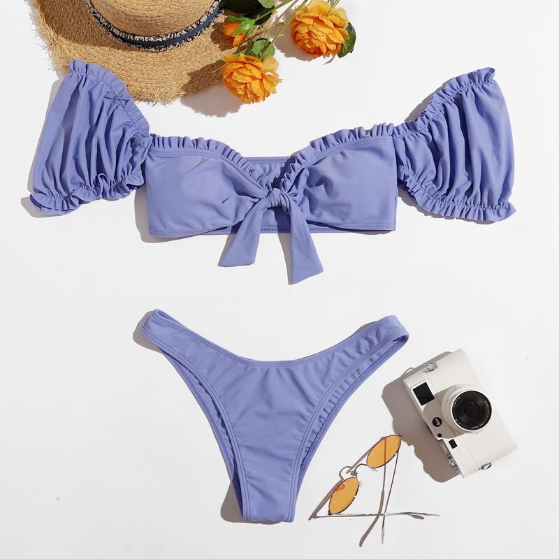 

Frill Trim Knot Bikini Swimsuit, Blue