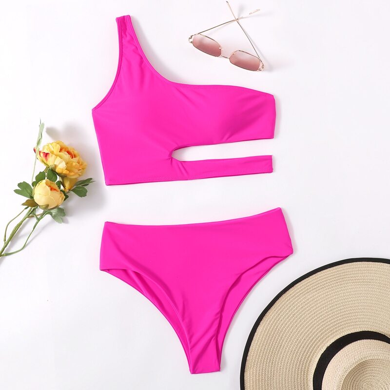 

One Shoulder Cut-out Bikini Swimsuit, Hot pink