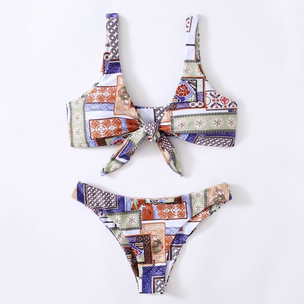 

Floral Knot Front Bikini Swimsuit, Multicolor