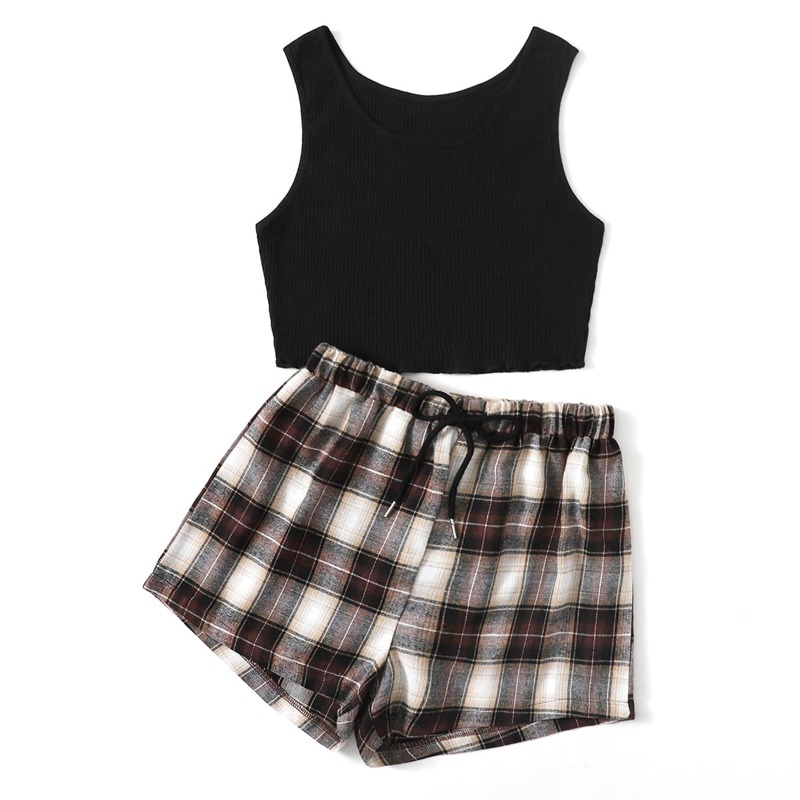 

Solid Tank Top & Plaid Drawstring Shorts, Multicolor