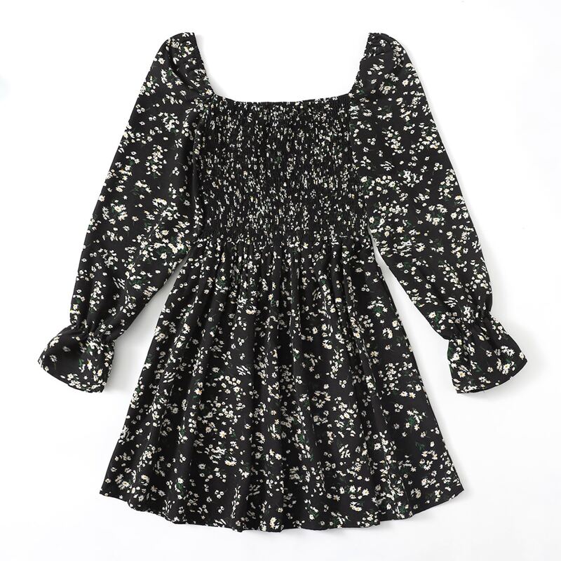 

Ditsy Floral Shirred Dress, Black