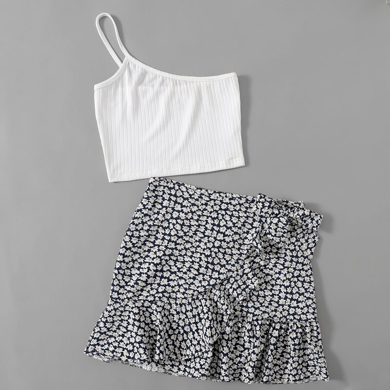 

Solid Ribbed Crop Top & Ditsy Flower Wrap Skirt, Multicolor