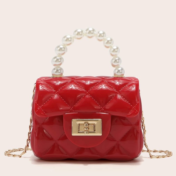 

Mini Faux Pearl Handle Quilted Satchel Bag, Burgundy