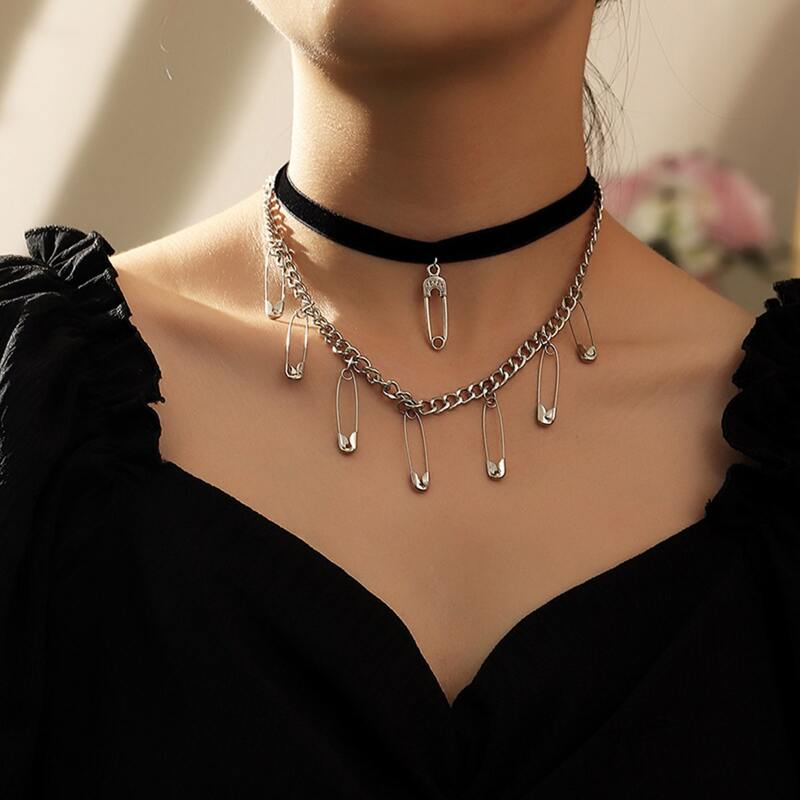 

Safety Pin Layered Chain Choker, Silver