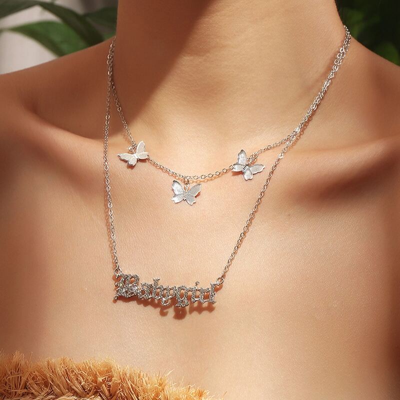 

Rhinestone Letter & Butterfly Layered Necklace, Silver