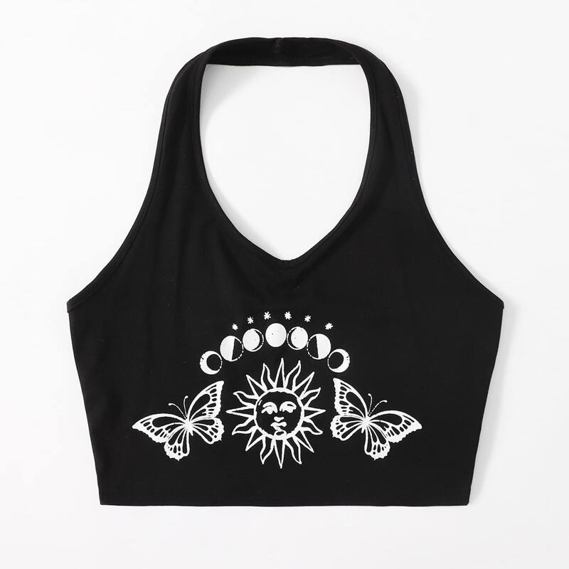 

Sun & Moon Graphic Halter Crop Top, Black