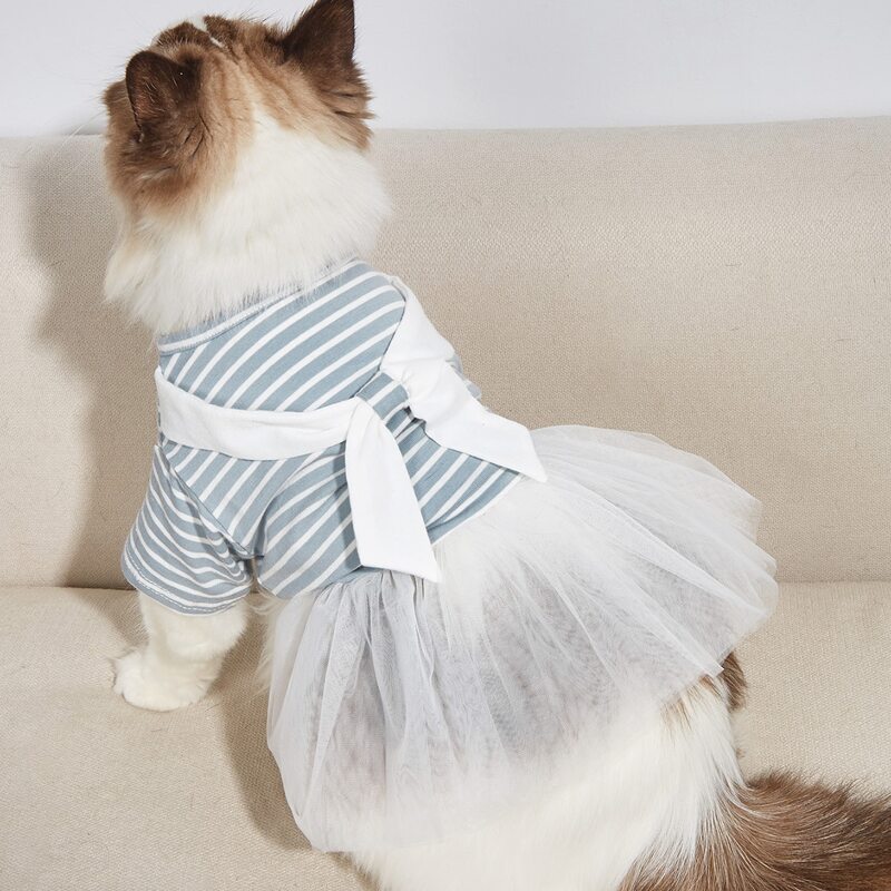 

Bow Decor Contrast Mesh Striped Pet Dress, Baby blue