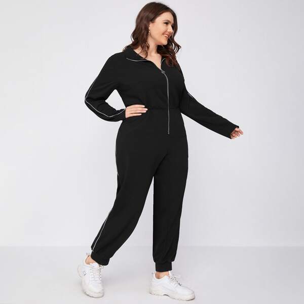 

Plus Contrast Binding Zip Front Jumpsuit, Black