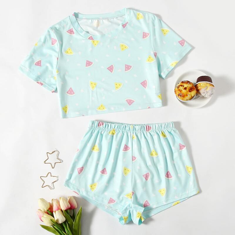 

Watermelon Print Pajama Set, Mint green