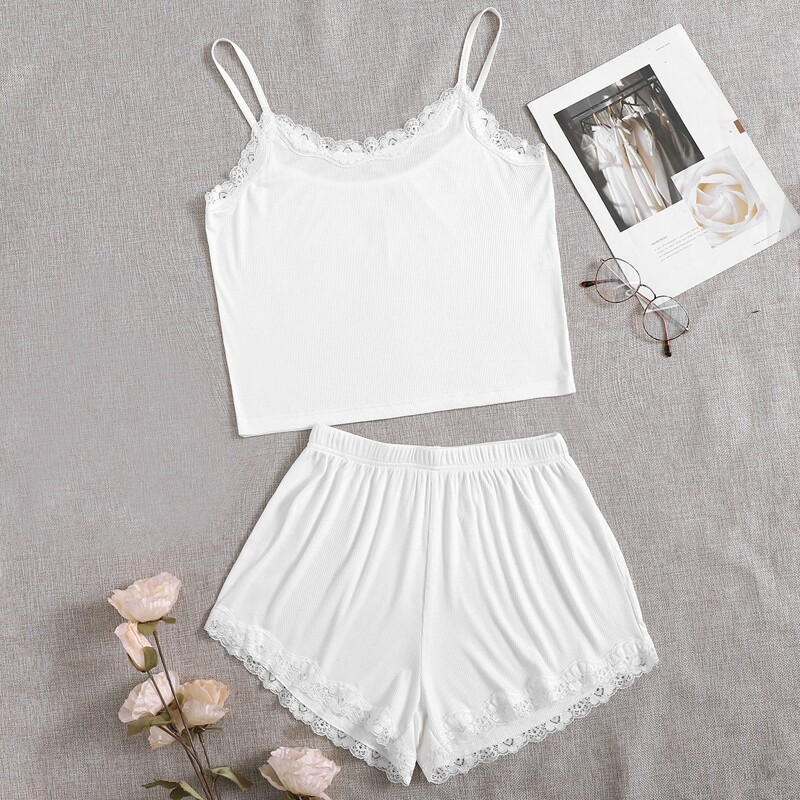 

Lace Panel Rib-knit Lounge Set, White