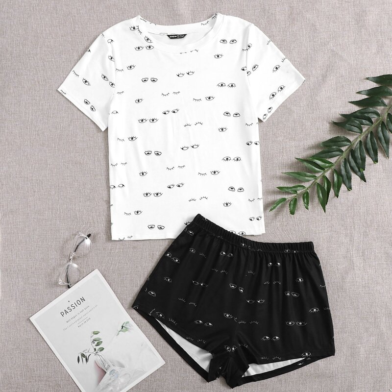 

Eye Print Pajama Set, Black and white