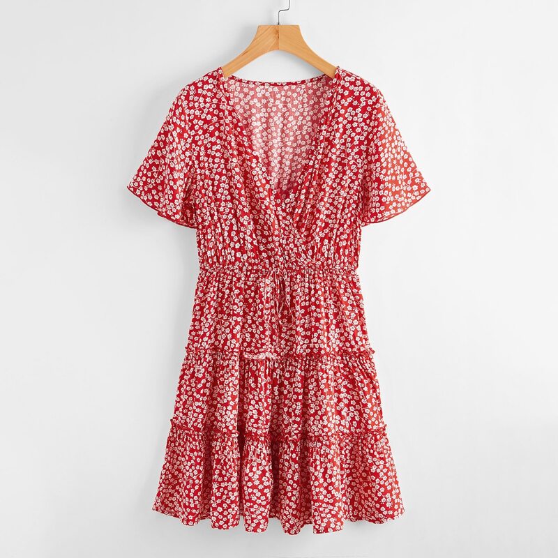 

Ditsy Flower Wrap Layered Dress, Red