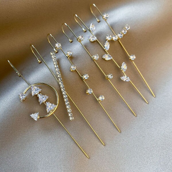 

6pcs Zircon Decor Earring, Gold
