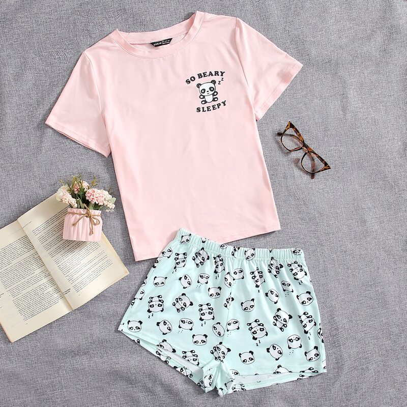 

Cartoon & Letter Graphic Pajama Set, Multicolor