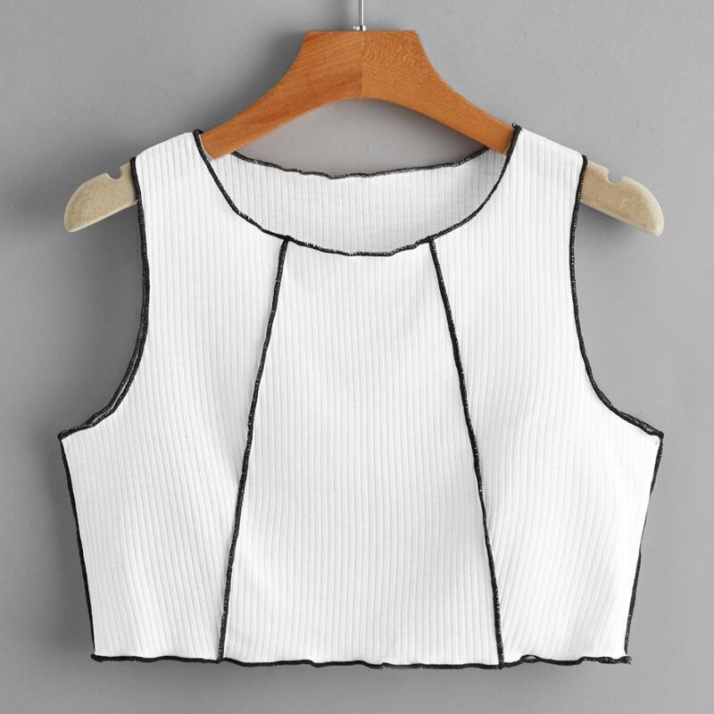 

Contrast Binding Ribbed Tank Top, White