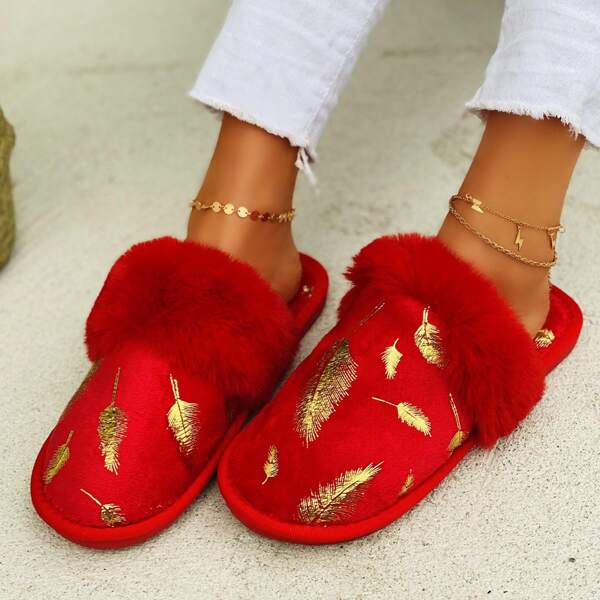 

Feather Bronzing Bedroom Slippers, Red
