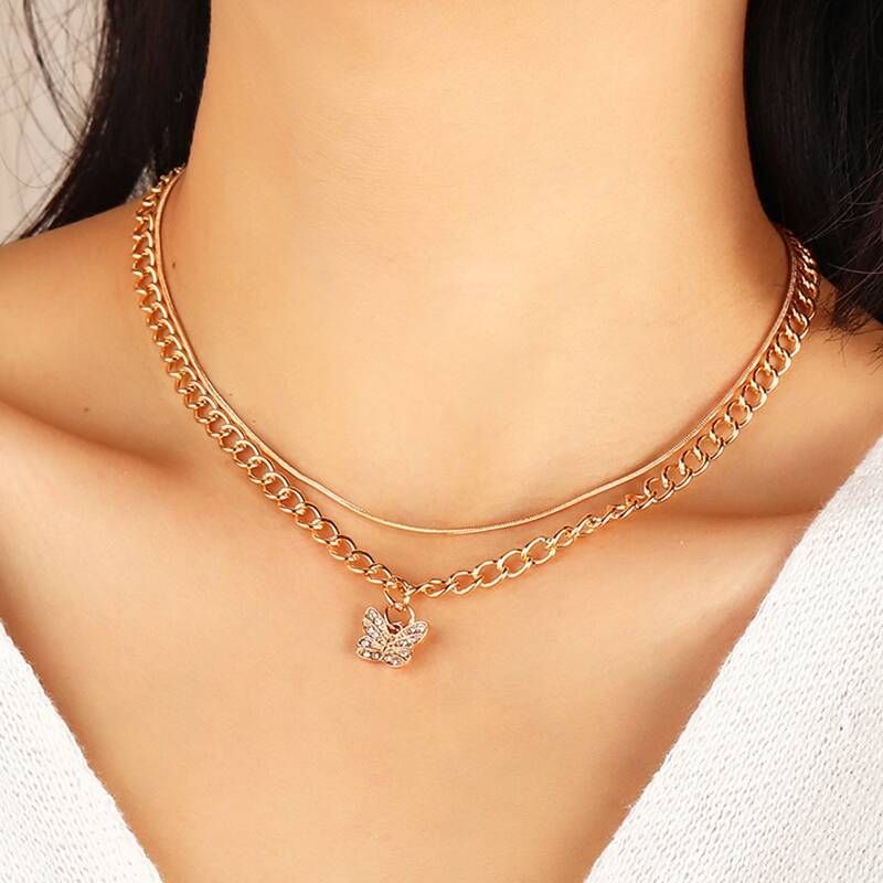 

Rhinestone Butterfly Layered Chain Necklace, Gold