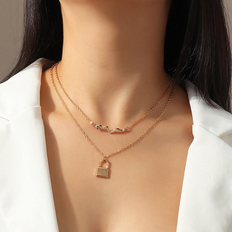 

Rhinestone & Lock Layered Necklace, Gold