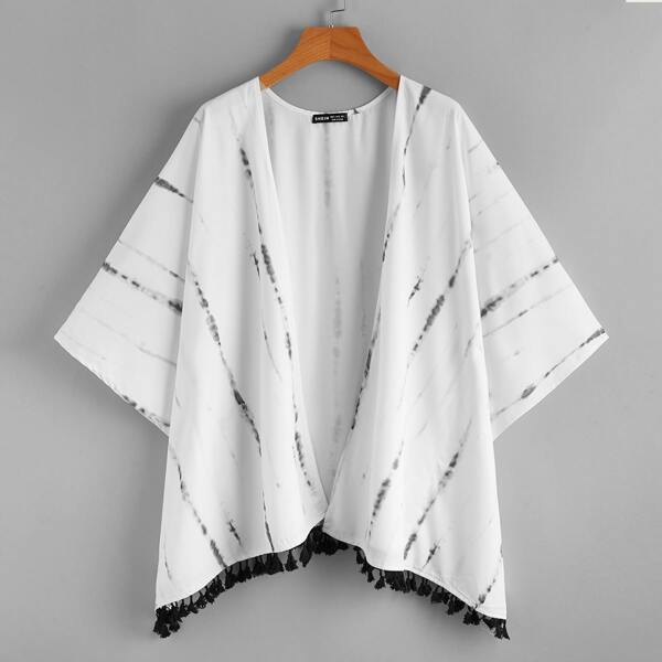 

Fringe Hem Graphic Kimono, White