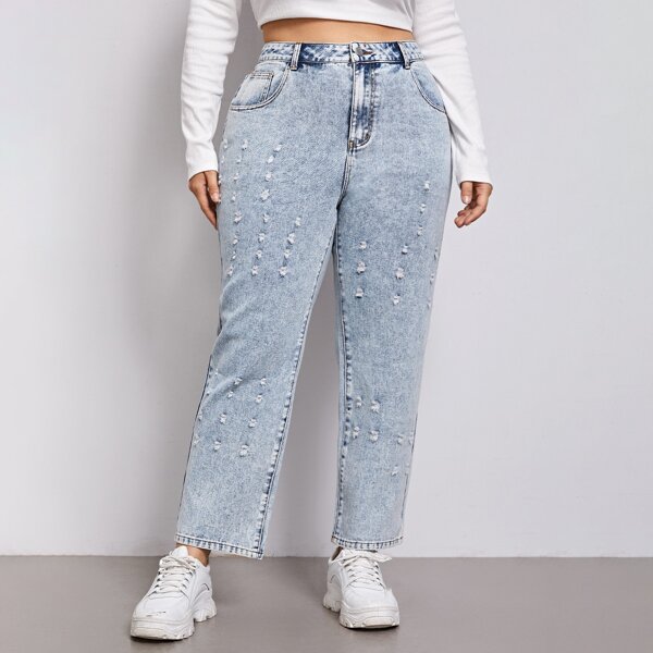 

Plus Zipper Fly Ripped Detail Jeans, Light wash