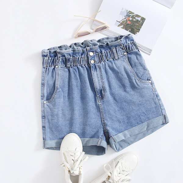 

Plus Paperbag Waist Zipper Fly Cuffed Hem Denim Shorts, Light wash