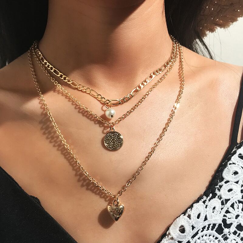 

Heart & Coin Layered Chain Necklace, Gold
