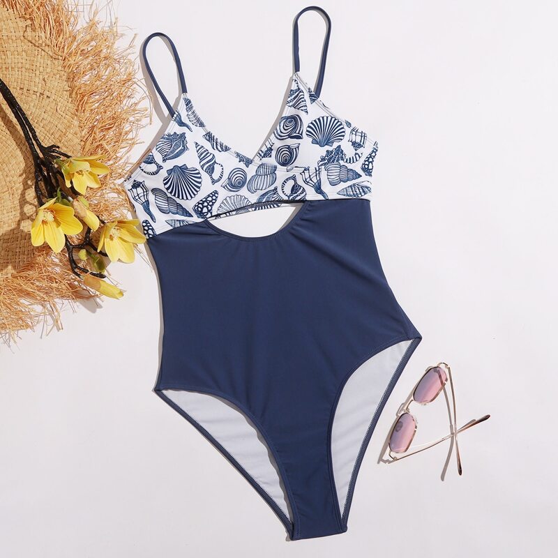 

Shell Print Cut-out One Piece Swimsuit, Multicolor