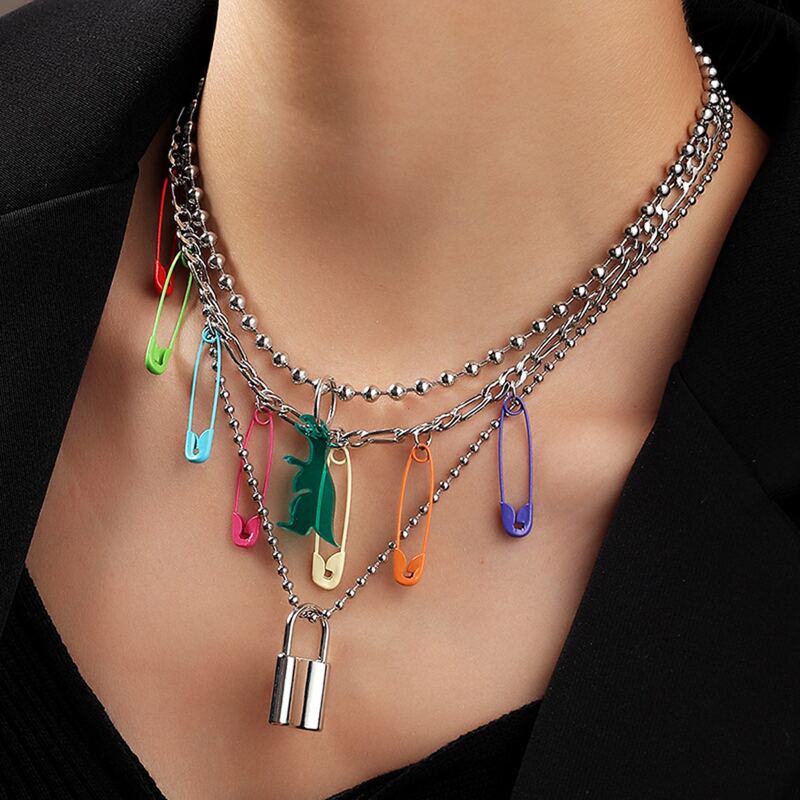 

Lock & Safety Pin Layered Beaded Necklace, Multicolor