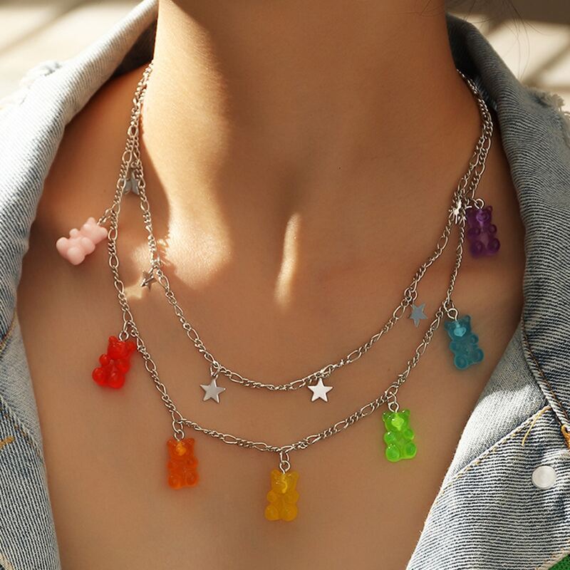

Colorful Bear & Star Layered Necklace, Multicolor