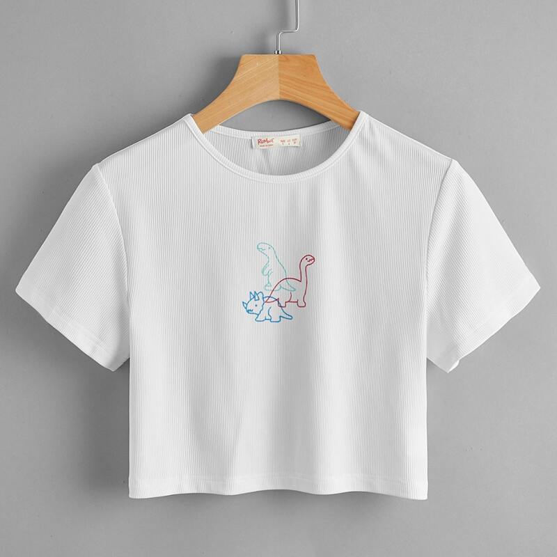 

Cartoon Dinosaur Graphic Crop Tee, White