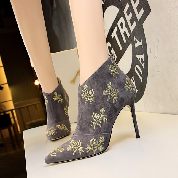 

Floral Embroidered Stiletto Heeled Ankle Boots, Grey