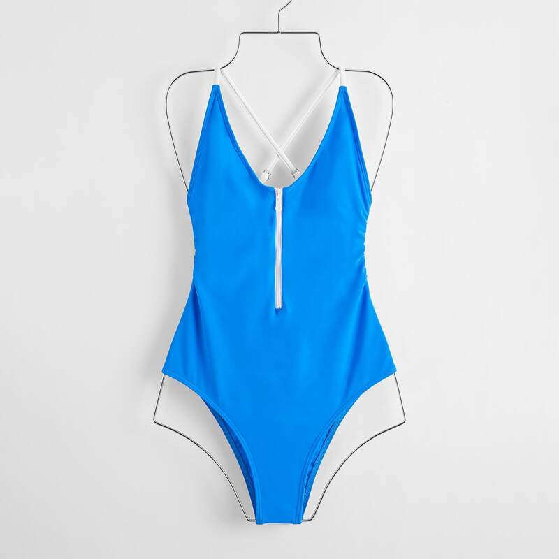 

Zipper Front One Piece Swimsuit, Blue