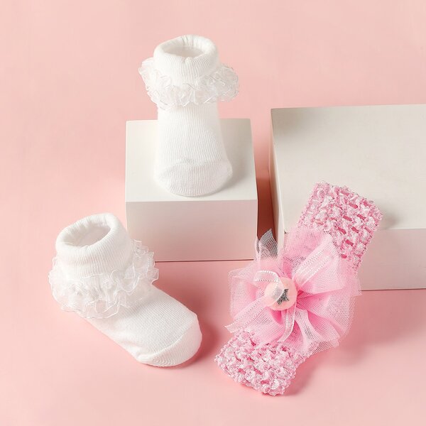 

1pair Baby Solid Socks & 1pc Headband, Multicolor