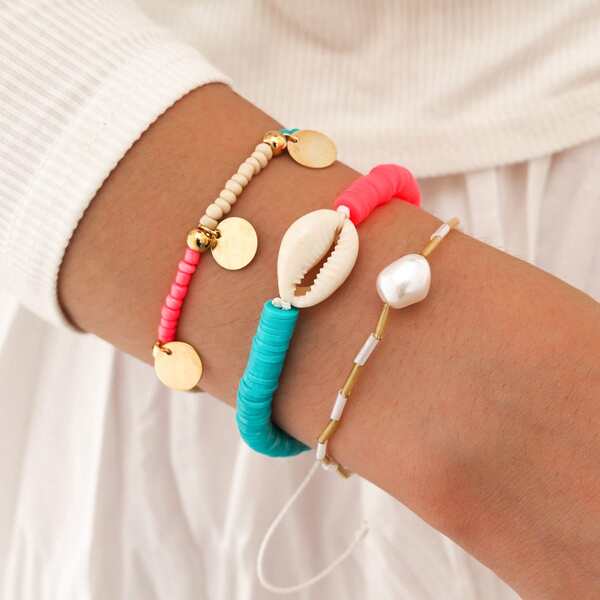 

3pcs Shell Detail Bracelet, Multicolor