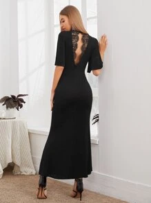 Modelyn Contrast Lace Peekaboo Back Mermaid Dress - Black - View 1