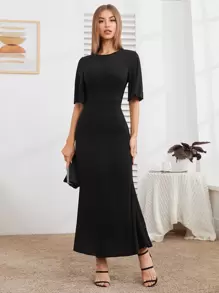 Modelyn Contrast Lace Peekaboo Back Mermaid Dress - Black - View 2