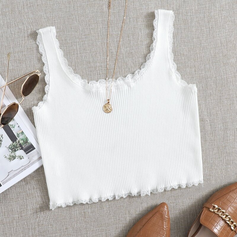 

Lace Trim Ribbed Knit Knit Top, White