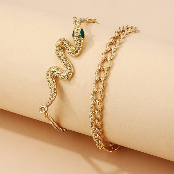 

2pcs Snake Decor Chain Bracelet, Gold
