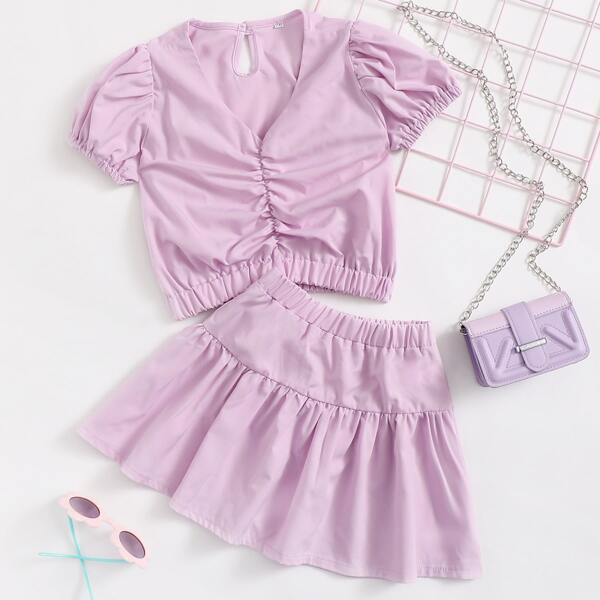 

Toddler Girls Ruched Blouse & Ruffle Hem Skirt, Lilac purple