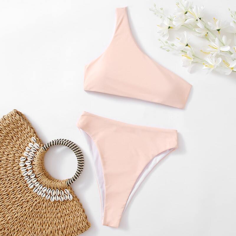 

One Shoulder High Waist Bikini Swimsuit, Baby pink