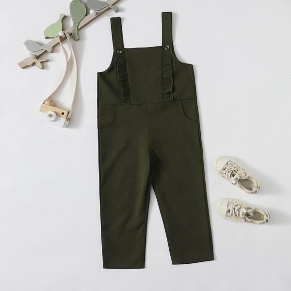 

Toddler Girls Frill Trim Slant Pocket Pinafore Jumpsuit, Army green