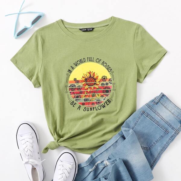 

Slogan And Floral Print Tee, Army green