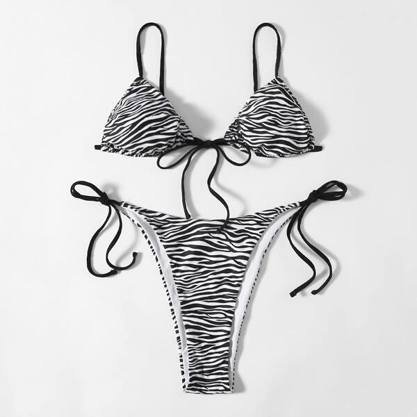 

Plus Zebra Striped Pattern Tie Front Bikini Swimsuit, Black and white
